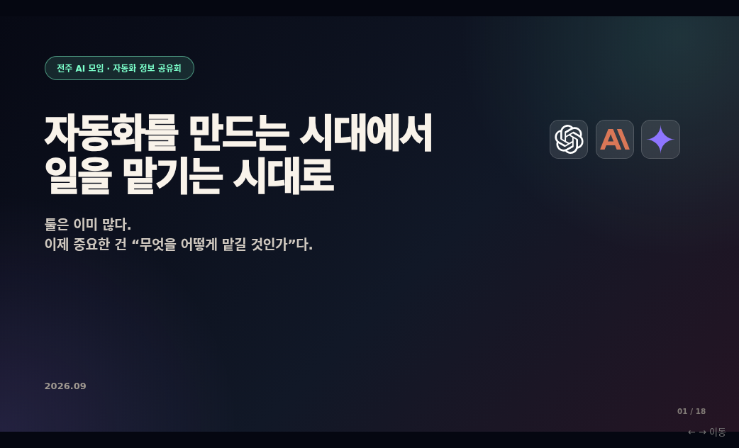 자동화 슬라이드 표지 — 자동화를 만드는 시대에서 일을 맡기는 시대로